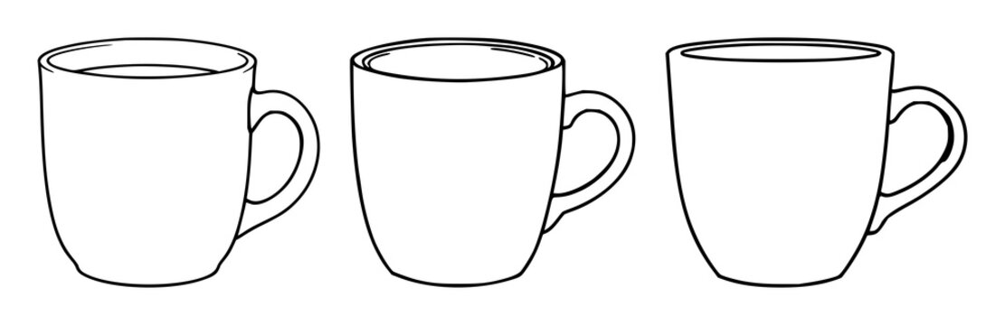 Ceramic coffee mug set with black line art on white background featuring silhouette, simple, outline with coffee cup and steam and ceramic