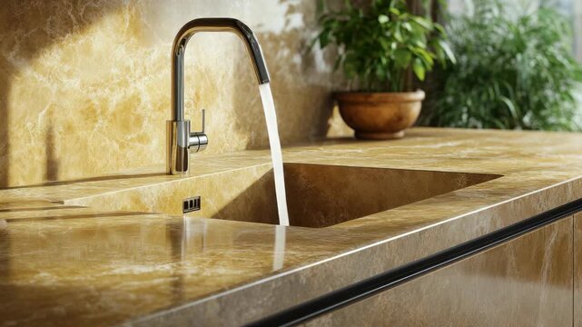 Water flows from a modern sink into a stone basin. Sunlight glints off the warm-toned countertop surface. Potted plant rests gently in the background. Natural light enhances the sink's sleek design