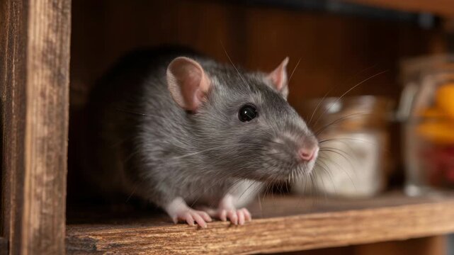 Brown rat peeking out of a wooden drawer filled with jars and spices.
