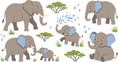 Cute Cartoon Elephant Family Set with Different Poses and Activities, Playful Baby and Adult Elephants in Nature Wildlife Savannah Vector Illustration Design. © Nasima