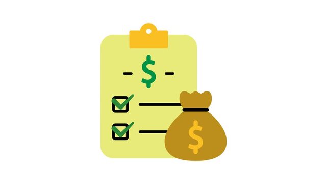 Animation budget. Financial. Clipboard with check marks and coin sack. horizontal. Economics, business, accounting. flat design style