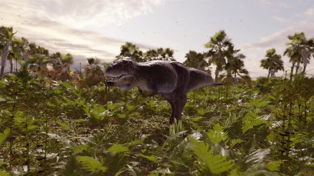 4k 3d animation of a powerful Tarbosaurus walking and roaring through a lush prehistoric forest of horsetails and ferns, perfect for YouTube channels, documentaries