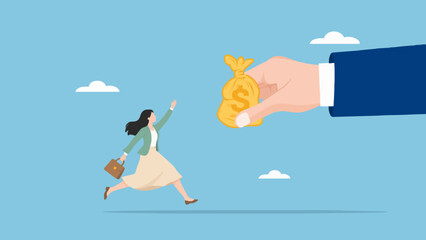 Fototapeta premium Business woman reaching for money bag held by large hand in financial opportunity.