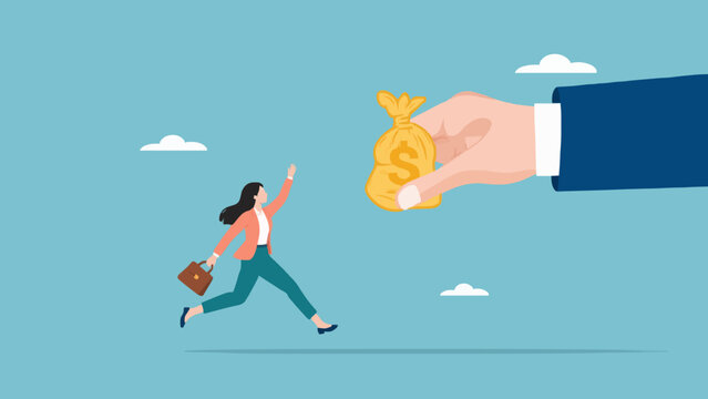 Woman running towards giant hand holding money bag, concept of chasing income opportunity.
