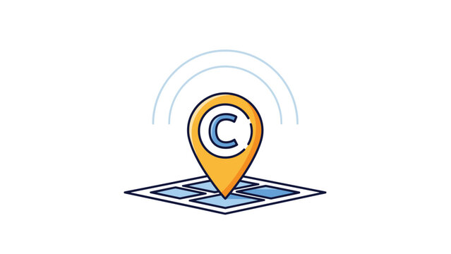 Copyright symbol within a location pin marker on a digital grid map with signal waves representing intellectual property.