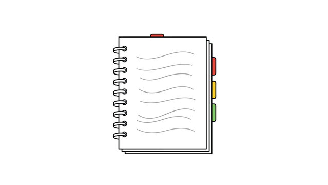 Simple illustration of a white spiral-bound notebook with multiple pages and colorful red, yellow, and green divider tabs on the side.