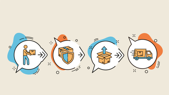 Four-step process infographic for package delivery service showing shipment pickup, protection, unboxing, and fast transportation by truck.