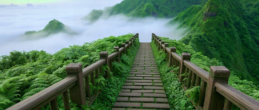 Lush green forest surrounds wooden walkway