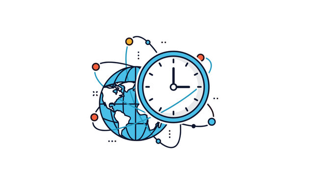 Global time management and world time zone concept featuring a clock face over a planet earth with network connections.