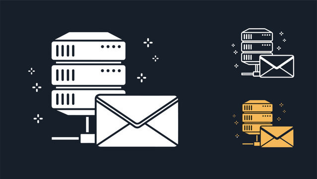 Email server and data center hosting concept featuring white and gold icons on a dark blue starry background.