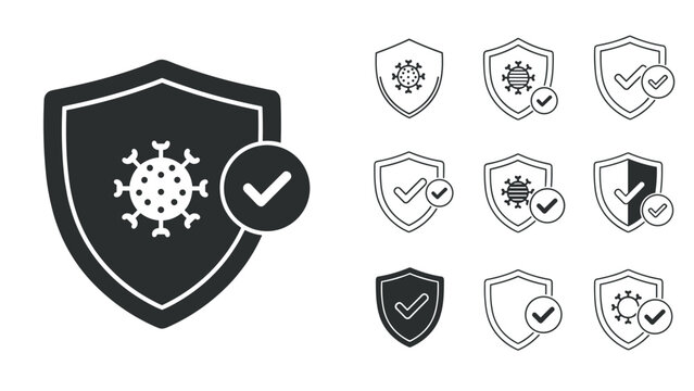 Collection of shield icons showing protection against virus cells with checkmark symbols to represent immune health.