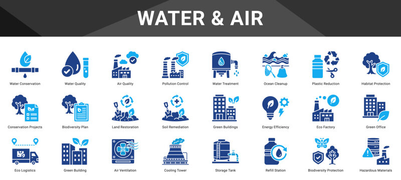 WATER & AIR  Icon set collection. Vector icon pack featuring thematic icons for your presentations or business.