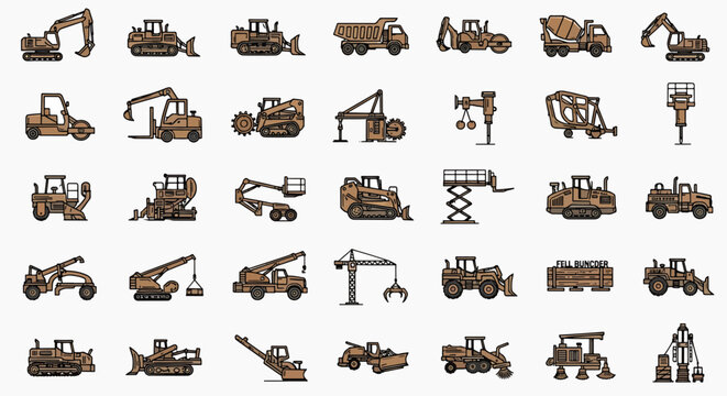 Collection of construction vehicles and heavy machinery icons set, isolated on white background, representing diverse equipment in brown tones