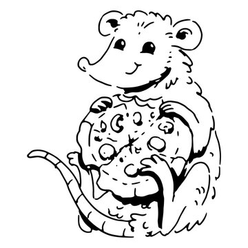 Hand-drawn opossum holding a pizza