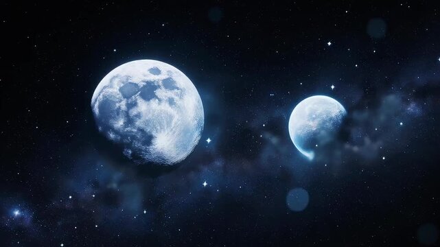 Two luminous moons glow brightly against a starry night sky, with a dense patch of the Milky Way galaxy stretching across, creating a celestial scene