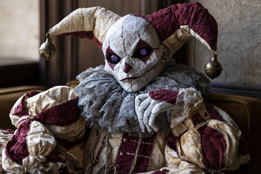 Aged marionette jester seated in dim interior setting