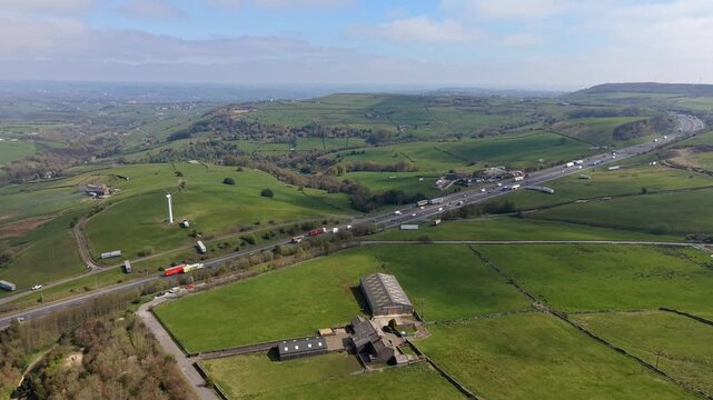 Aerial view of the M62 Motorway at Scammonden, Huddersfield, West Yorkshire 