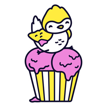 Kawaii bird sitting on top of a cupcake