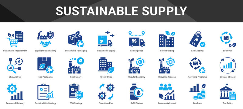 SUSTAINABLE SUPPLY  Icon set collection. Vector icon pack featuring thematic icons for your presentations or business.