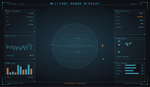 Futuristic military radar display interface with orbital satellite tracking and station telemetry data vector illustration