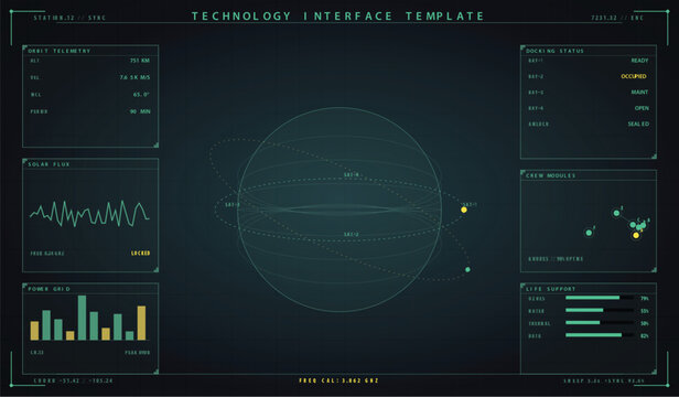 Futuristic space station control interface dashboard with orbital satellite tracking vector illustration