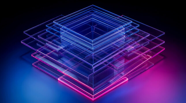 Layered square shapes with digital glowing edges abstract technology geometric futuristic computer background