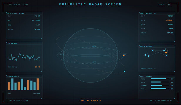 Futuristic radar screen interface with orbital satellite telemetry and station diagnostics vector illustration