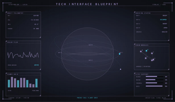 Futuristic space station control interface dashboard with orbital telemetry and data vector illustration