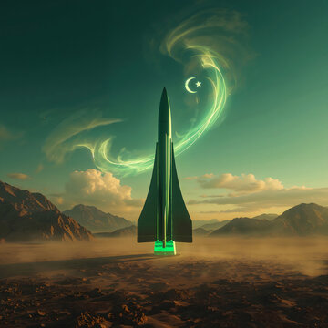 Youm‑e‑Takbeer Rocket Launch Artwork with Crescent Energy Swirl and Mountain Landscape