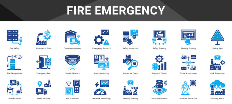 FIRE EMERGENCY  Icon set collection. Vector icon pack featuring thematic icons for your presentations or business.