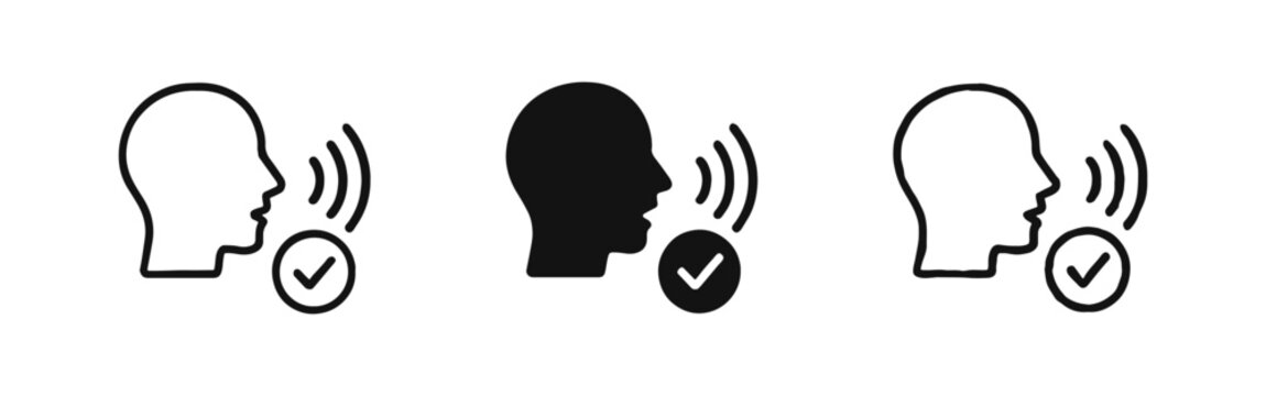 Voice Verification and Speech Authentication Icon Set Human Profile and Checkmark Symbols