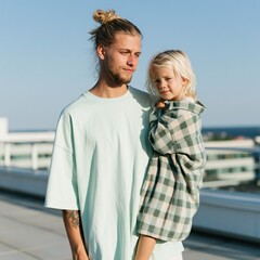 Obraz premium Man carrying child on rooftop near urban railing