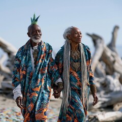 Fototapeta premium Elderly couple wearing colorful robes walking on driftwood beach