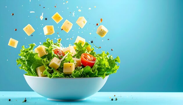 Tossed salad with falling cheese cubes on light blue backdrop