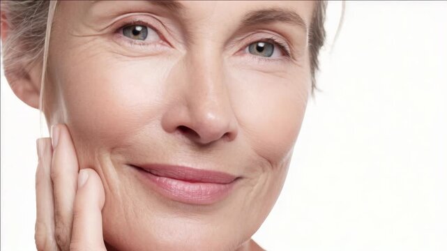 Warm smile graces soft, natural skin. Hand gently rests beside cheek. Eyes softly gaze, conveying calm. Light highlights subtle facial lines. Pure white background offers clean focus