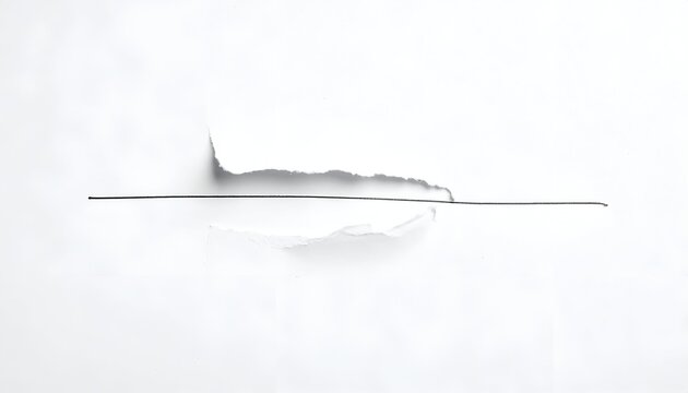 Single thin metal rod piercing torn white paper, central horizontal composition