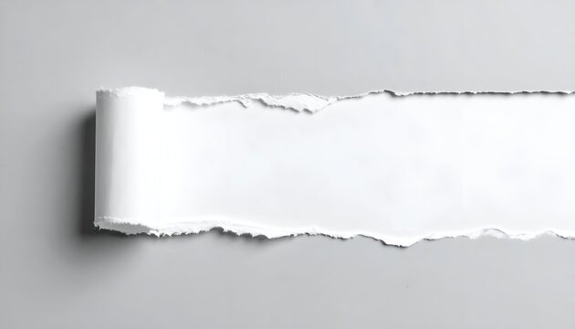 Ripped white paper, partially curled, reveals a blank space on grey backgound