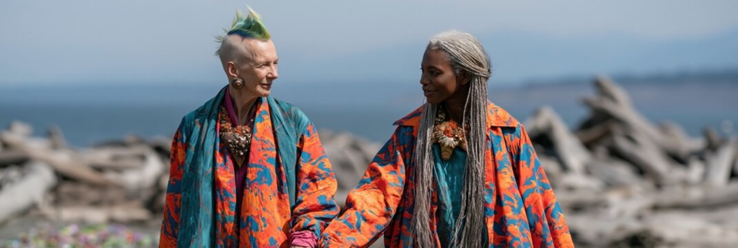 Two women holding hands walking along driftwood beach