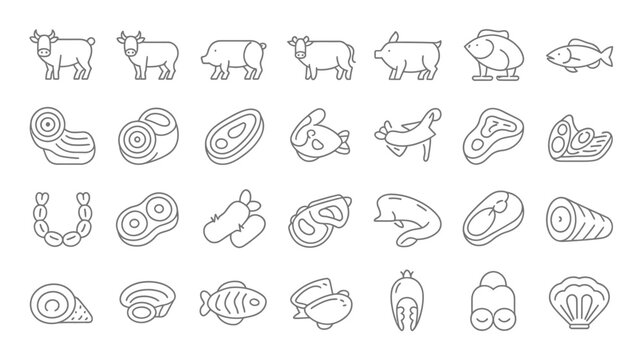 Set of various farm animals and meat cuts vector illustrations