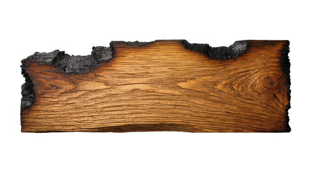 Rough burnt wood plank with natural grain texture, isolated on transparent background