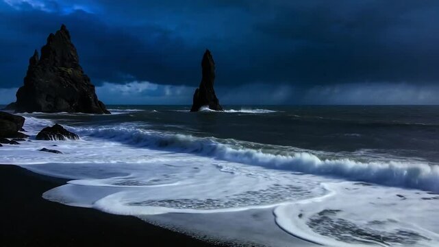 Incoming storm swell pushing breaking waves onto black sand beach hitting two stacks amid lightning