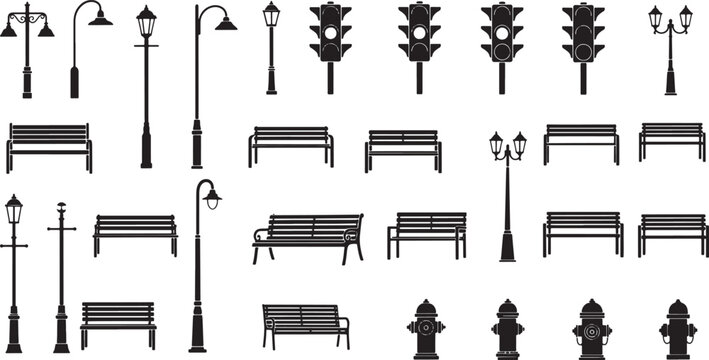 Collection of urban street furniture silhouettes including vintage street lamps park benches traffic lights and fire hydrants for city planning vector illustration.