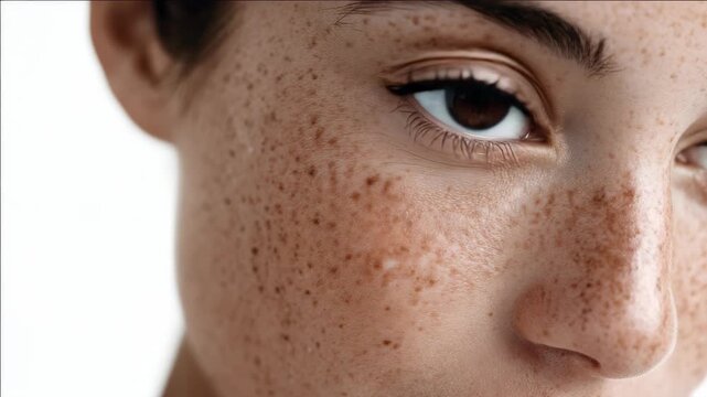 A close-up of a person's face with freckles, focusing on the nose and eye area.