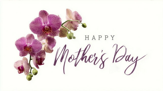 Happy Mother's Day greeting card design featuring realistic pink  orchid flowers and elegant script typography on a clean white background. Feminine floral Mothers Day message