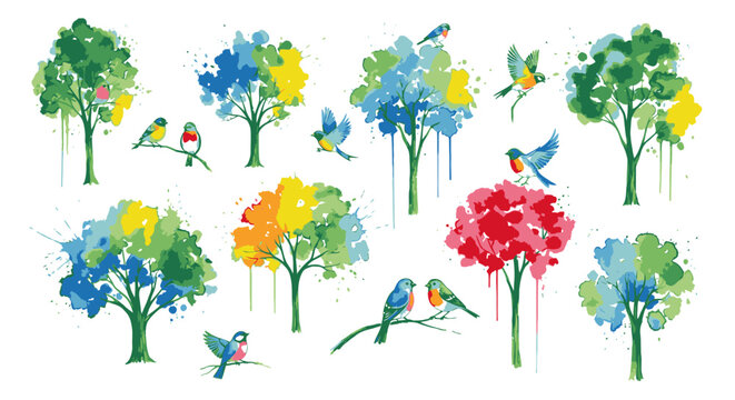 Colorful watercolor trees and birds illustration on white background