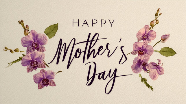 Vintage style Happy Mother's Day illustration with purple watercolor orchids and green leaves on a textured cream-colored paper background. Calligraphic type - purple, green, orchid theme message, mom
