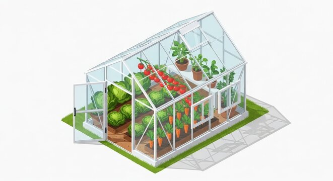 A highly detailed 3D illustration of a vibrant greenhouse filled with lush plants and colorful veget