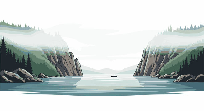 A lone boat navigates a misty fjord with steep, tree-lined cliffs on either side