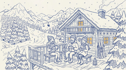 Obraz premium Hand drawn doodle illustration of a family drinking hot beverages on a snowy cabin terrace in the mountains