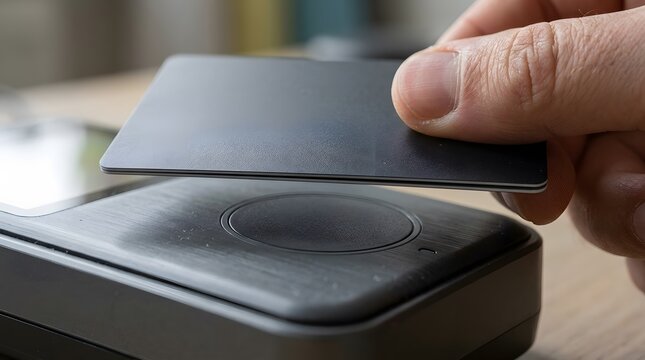 Hand holding blank black card to tap on payment terminal for contactless transaction